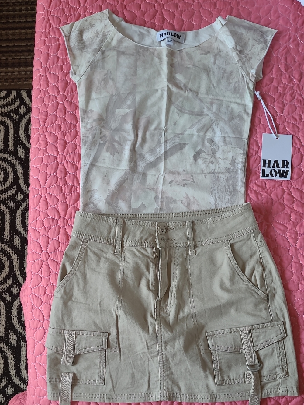 Harlow Cream Camo Off Shoulder Tee with NOBO Tan Cargo Mini Skirt
